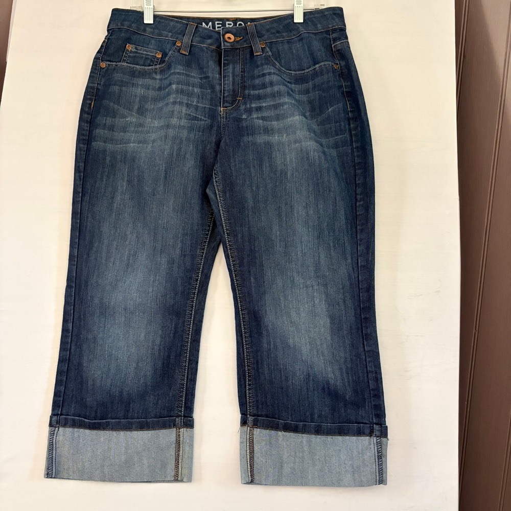 Merona Womens Mid Rise Capri Jeans Dark Wash Cuffed Denim Size 12 Cropped Pants